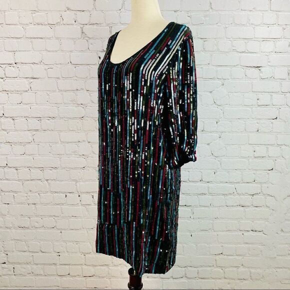 NEW! Anthro Elisa Rainbow Sequin Vertical Striped Shirt Dress - Picture 5 of 15